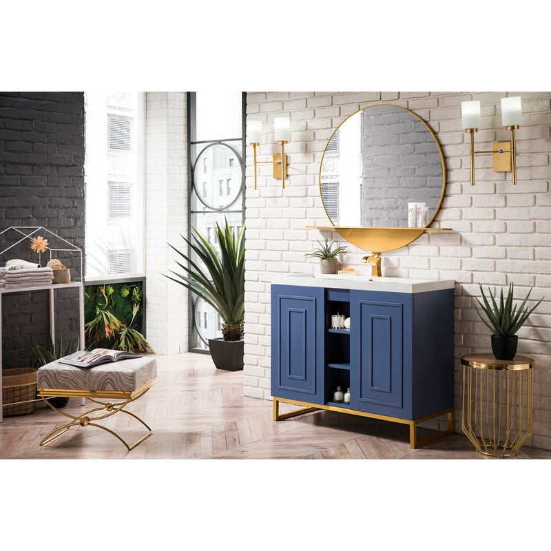 James Martin Alicante' 39.5" Single Vanity Cabinet Azure Blue Radiant Gold with White Glossy Resin Countertop E110-V39.5-AZB-RGD-WG