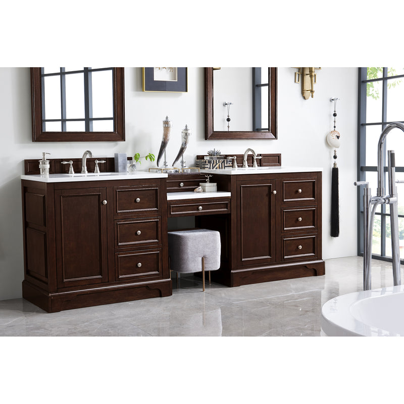 James Martin De Soto 94" Double Vanity Set Burnished Mahogany with Makeup Table 3 cm Arctic Fall Solid Surface Top 825-V94-BNM-DU-AF