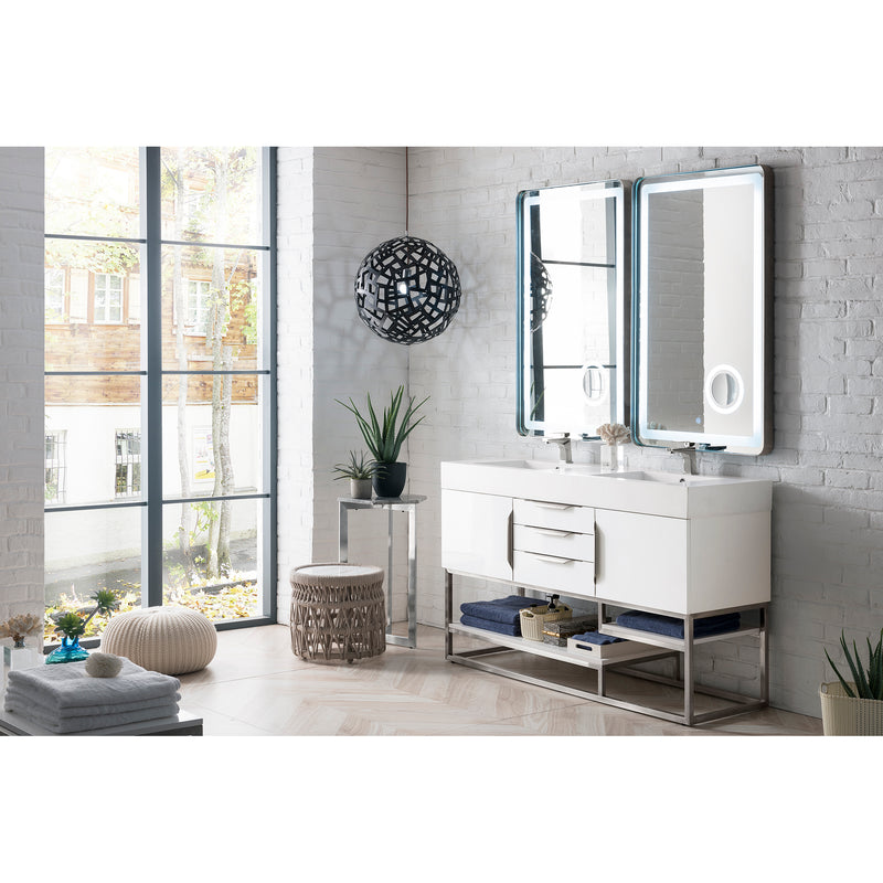 James Martin Columbia 59" Double Vanity Glossy White with Glossy White Composite Top 388-V59D-GW-BN-GW