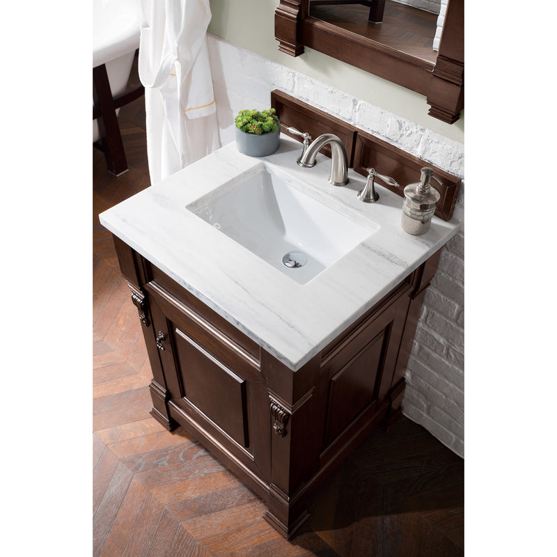 James Martin Brookfield 26" Burnished Mahogany Single Vanity with 3 cm Arctic Fall Solid Surface Top 147-114-V26-BNM-3AF