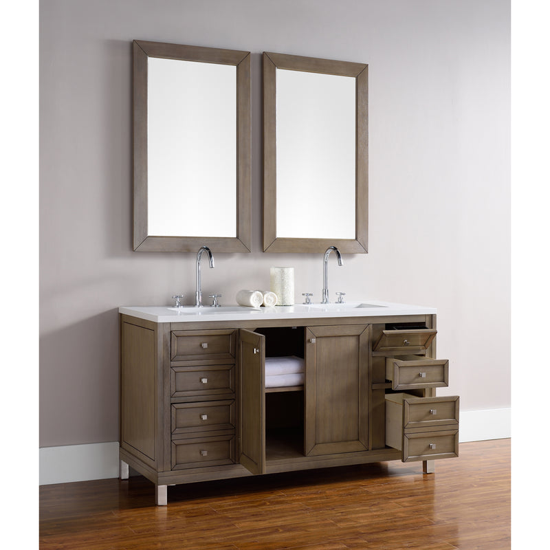 James Martin Chicago 60" Double Vanity Whitewashed Walnut with 3 cm Classic White Quartz Top 305-V60D-WWW-3CLW