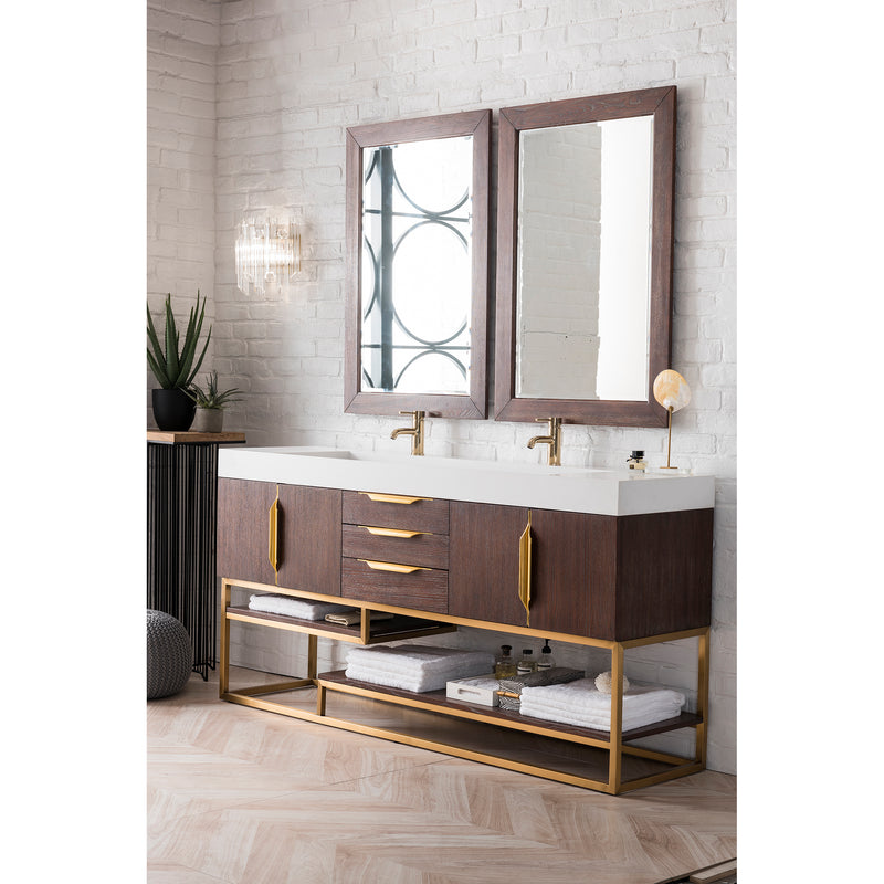 James Martin Columbia 72" Double Vanity Coffee Oak Radiant Gold with Glossy White Composite Top 388-V72D-CFO-RG-GW