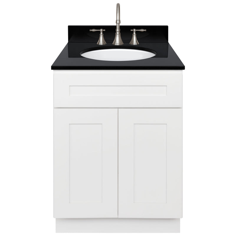 White Bathroom Vanity 24", Absolute Black Granite Top, Faucet LB7B AB258-24AW-7B