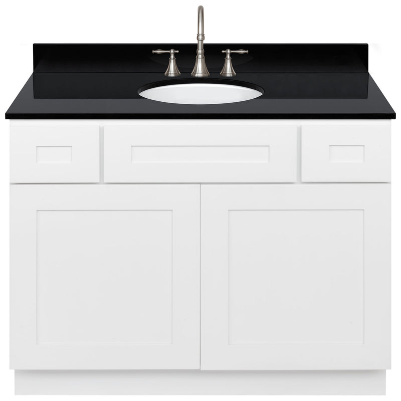 White Bathroom Vanity 42", Absolute Black Granite Top, Faucet LB7B AB438-42AW-7B