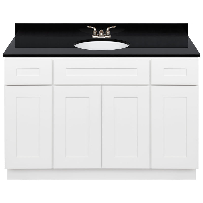 White Bathroom Vanity 48", Absolute Black Granite Top, Faucet LB3B AB494-48AW-3B