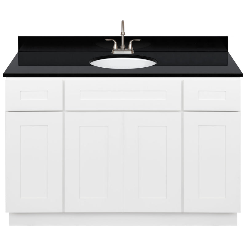 White Bathroom Vanity 48", Absolute Black Granite Top, Faucet LB6B AB494-48AW-6B