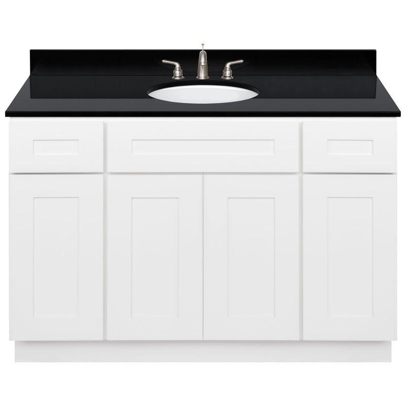 White Bathroom Vanity 48", Absolute Black Granite Top, Faucet LB4B AB498-48AW-4B