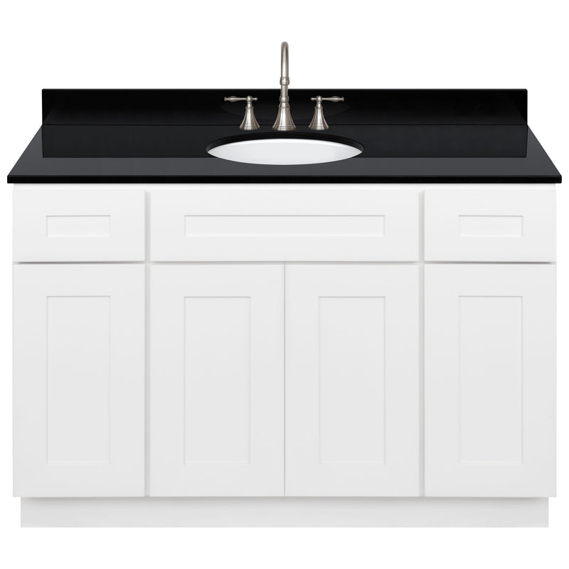 White Bathroom Vanity 48", Absolute Black Granite Top, Faucet LB7B AB498-48AW-7B