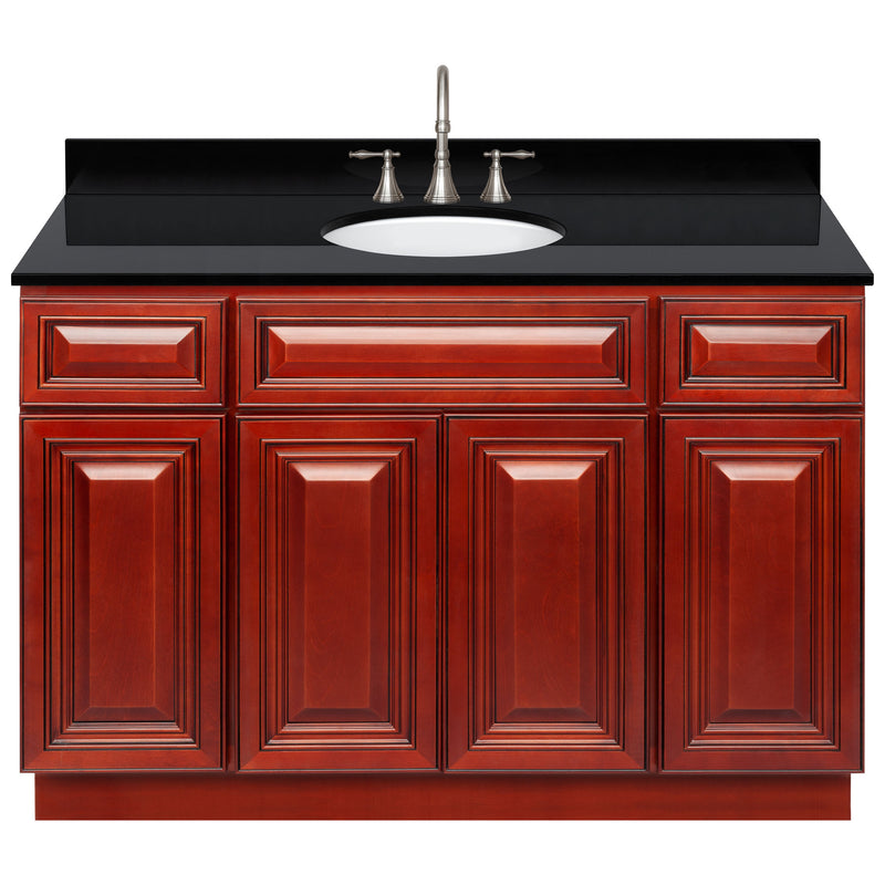 Cherry Bathroom Vanity 48", Absolute Black Granite Top, Faucet LB7B AB498-48CH-7B