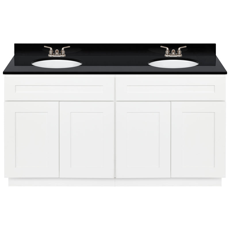 White Double Bathroom Vanity 60", Absolute Black Granite Top, Faucet LB3B AB614-60AW-3B