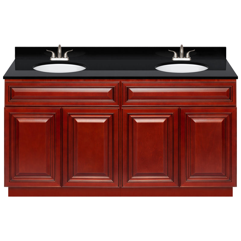 Cherry Double Bathroom Vanity 60", Absolute Black Granite Top, Faucet LB5B AB614-60CH-5B