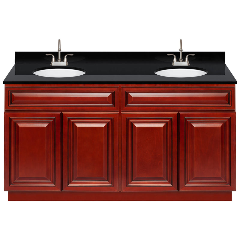 Cherry Double Bathroom Vanity 60", Absolute Black Granite Top, Faucet LB6B AB614-60CH-6B