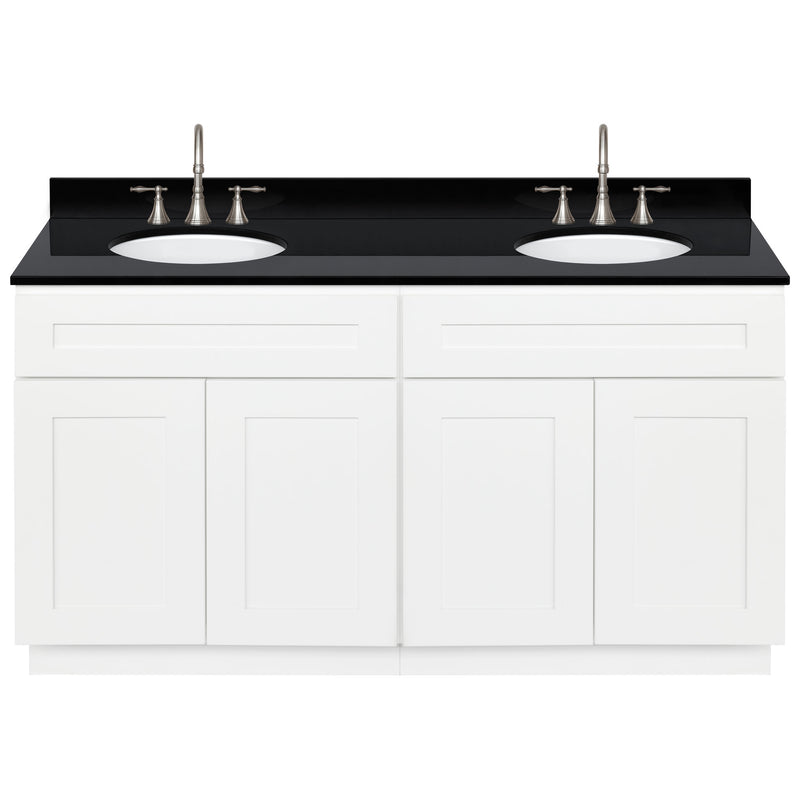 White Double Bathroom Vanity 60", Absolute Black Granite Top, Faucet LB7B AB618-60AW-7B