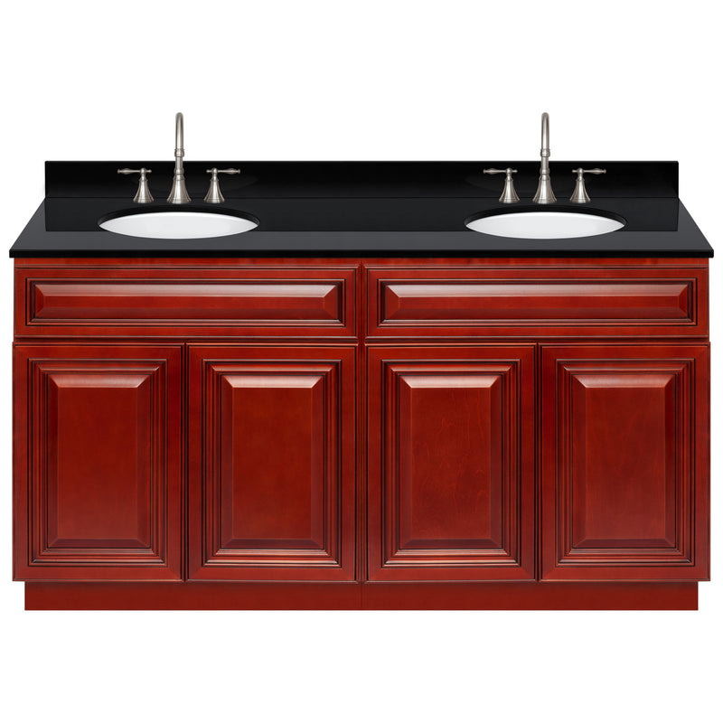 Cherry Double Bathroom Vanity 60", Absolute Black Granite Top, Faucet LB7B AB618-60CH-7B