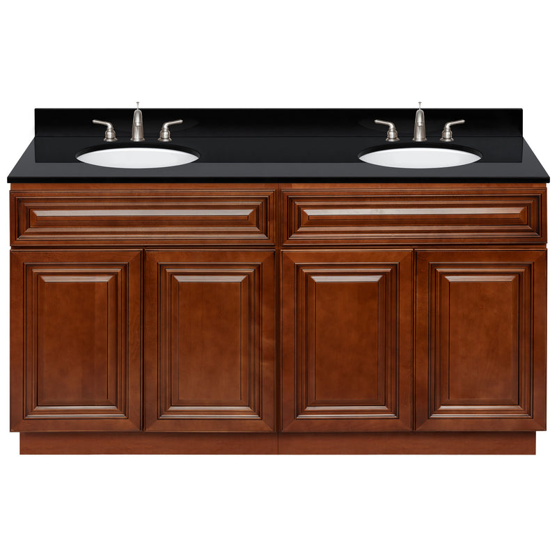 Brown Double Bathroom Vanity 60", Absolute Black Granite Top, Faucet LB4B AB618-60GN-4B