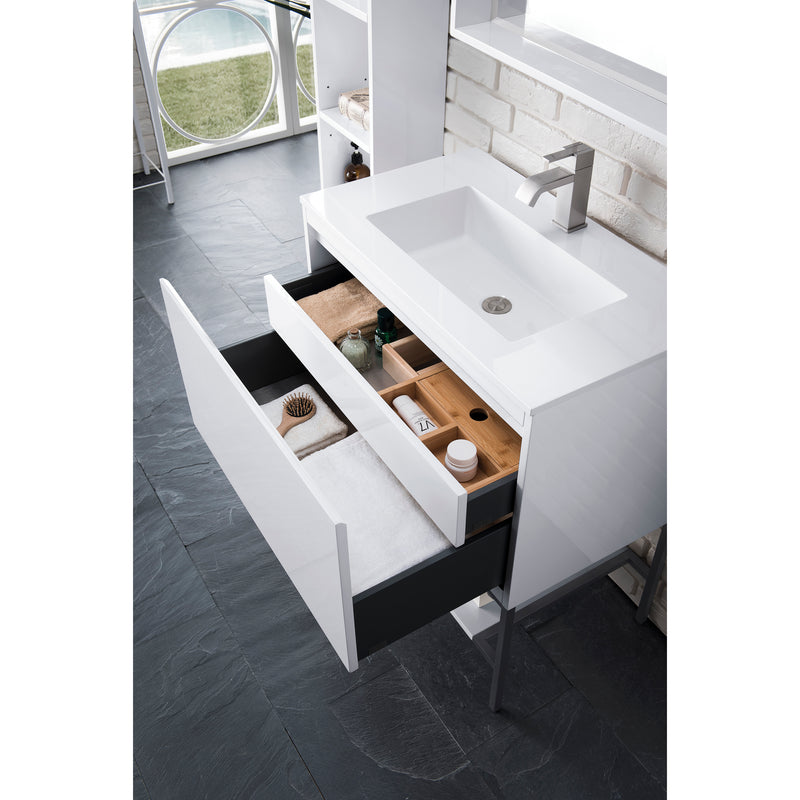 James Martin Milan 31.5" Single Vanity Cabinet Glossy White Matte Black with Glossy White Composite Top 801V31.5GWMBKGW