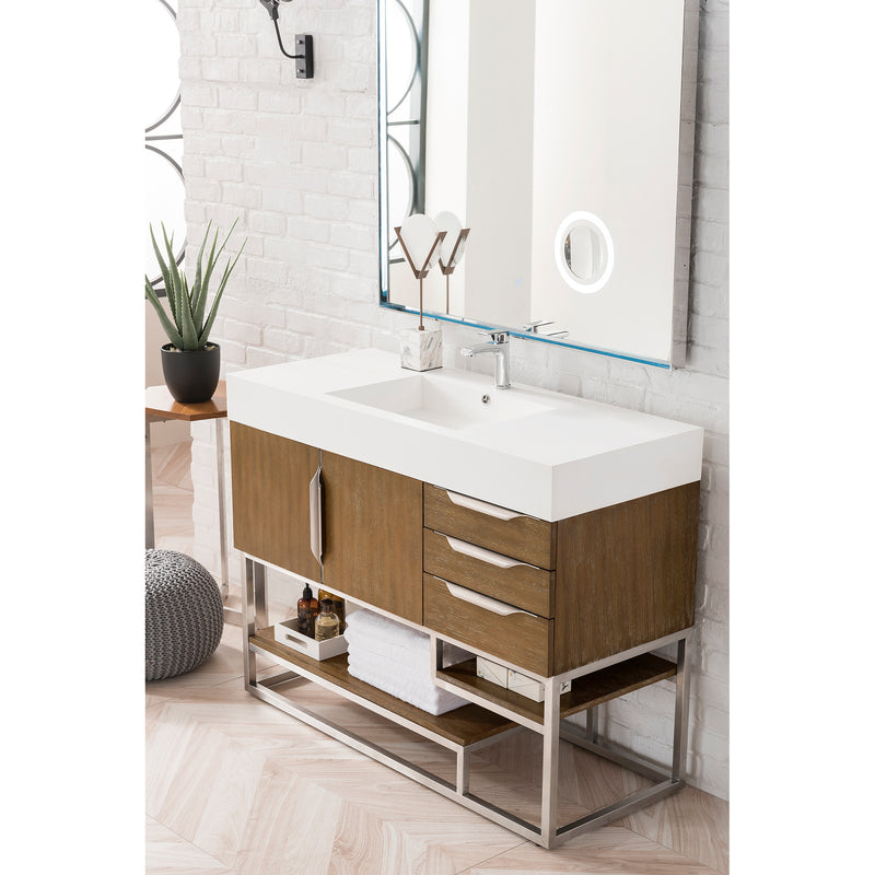 James Martin Columbia 48" Single Vanity Latte Oak with Glossy White Composite Top 388-V48-LTO-BN-GW