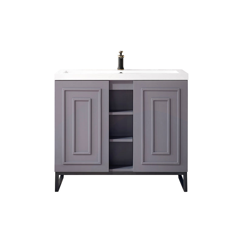 James Martin Alicante' 39.5" Single Vanity Cabinet Gray Smoke Matte Black with White Glossy Composite Countertop E110V39.5GSMMBKWG