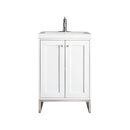 James Martin Chianti 24" Single Vanity Cabinet Glossy White Brushed Nickel with White Glossy Resin Countertop E303-V24-GW-BNK-WG