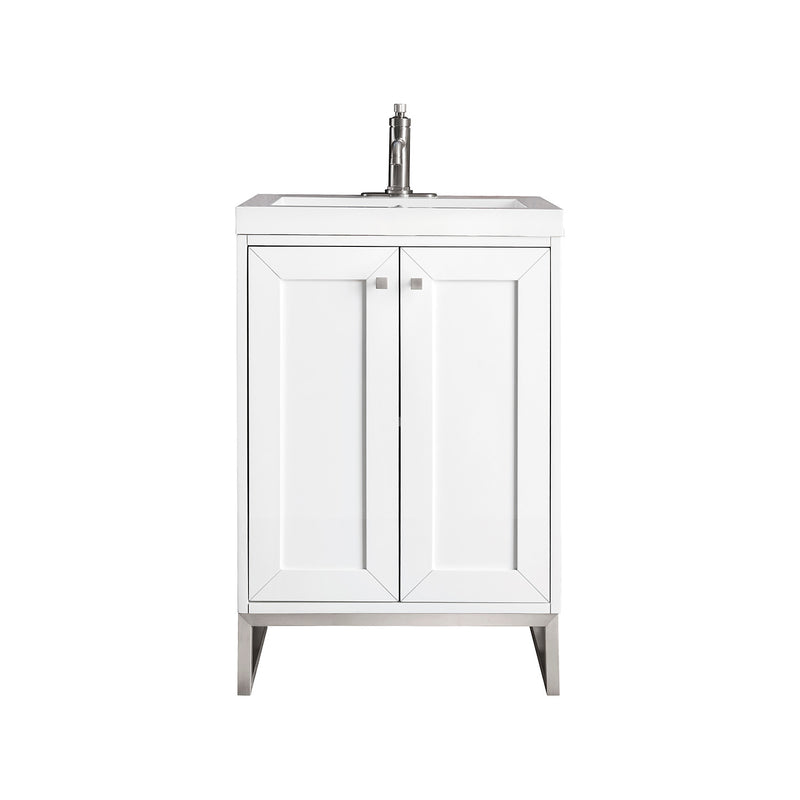 James Martin Chianti 24" Single Vanity Cabinet Glossy White Brushed Nickel with White Glossy Composite Countertop E303V24GWBNKWG