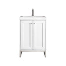 James Martin Chianti 24" Single Vanity Cabinet Glossy White Brushed Nickel with White Glossy Composite Countertop E303V24GWBNKWG