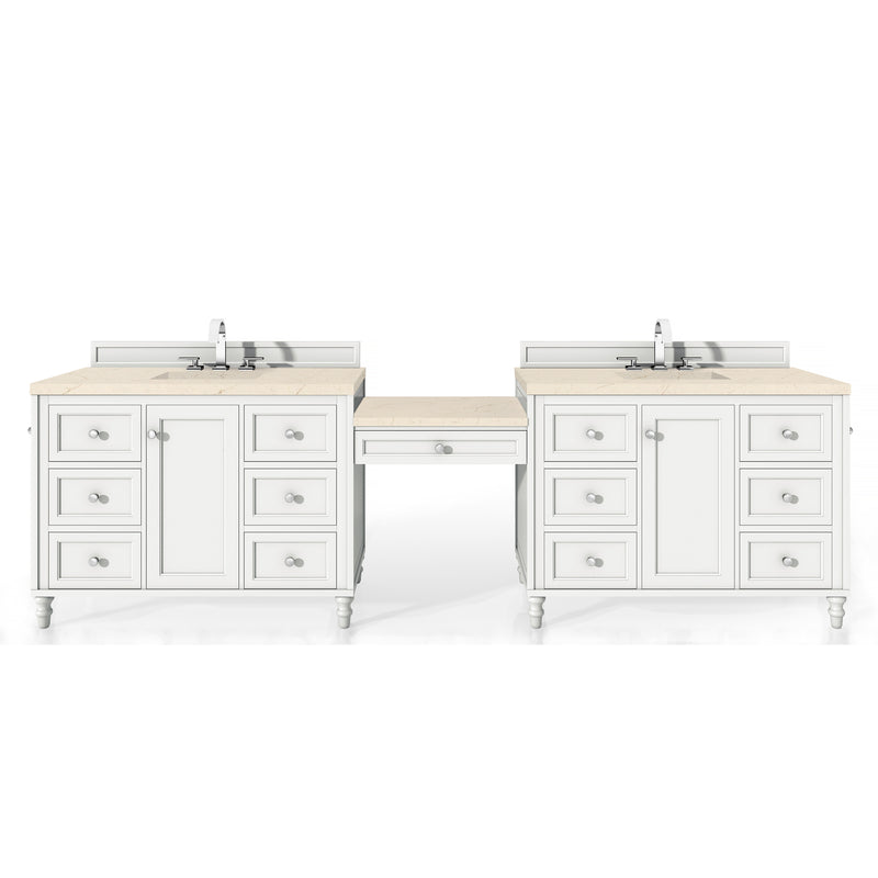 James Martin Copper Cove Encore 122" Double Vanity Set Bright White with Makeup Table 3 cm Eternal Marfil Quartz Top 301-V122-BW-DU-3EMR