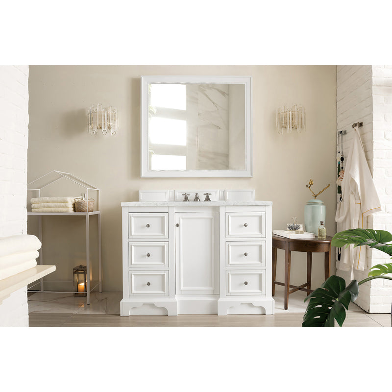 James Martin De Soto 48" Single Vanity Bright White with 3 cm Eternal Jasmine Pearl Quartz Top 825-V48-BW-3EJP