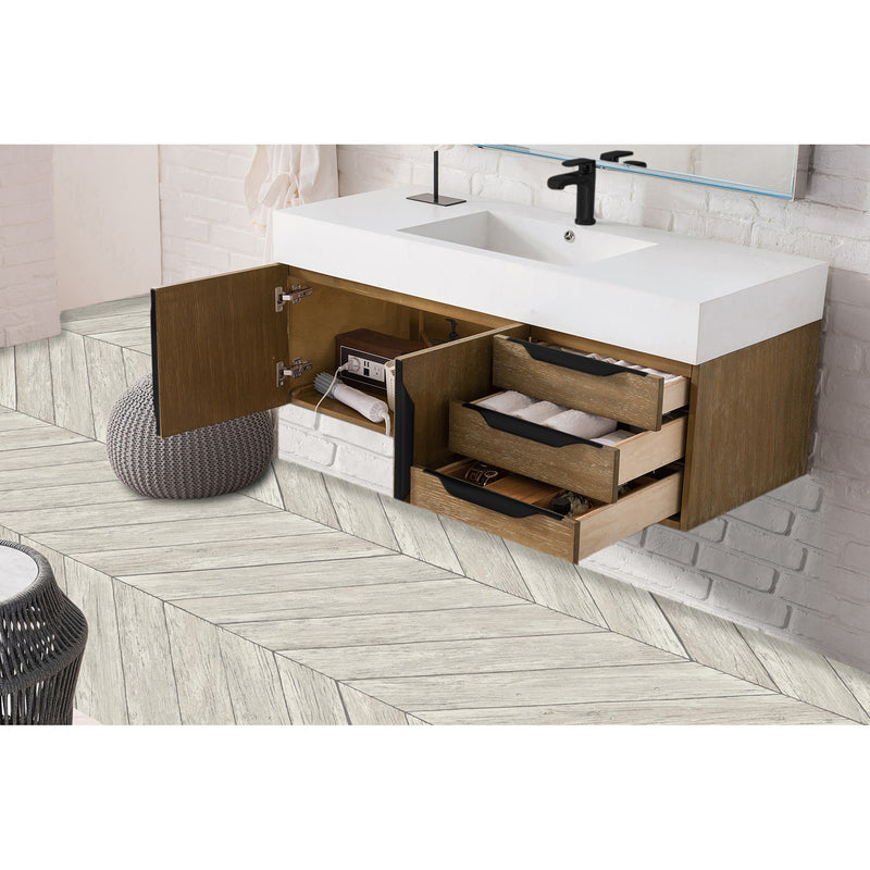 James Martin Mercer Island 48" Single Vanity Latte Oak Matte Black with Glossy White Composite Top 389-V48-LTO-MB-GW