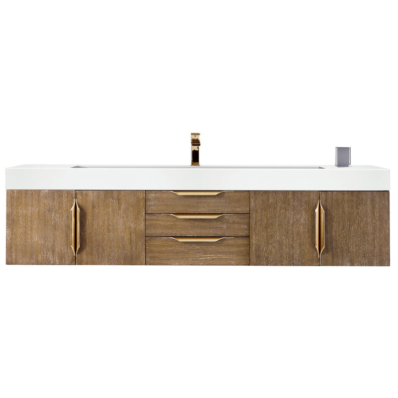 James Martin Mercer Island 72" Single Vanity Latte Oak Radiant Gold with Glossy White Composite Top 389-V72S-LTO-G-GW