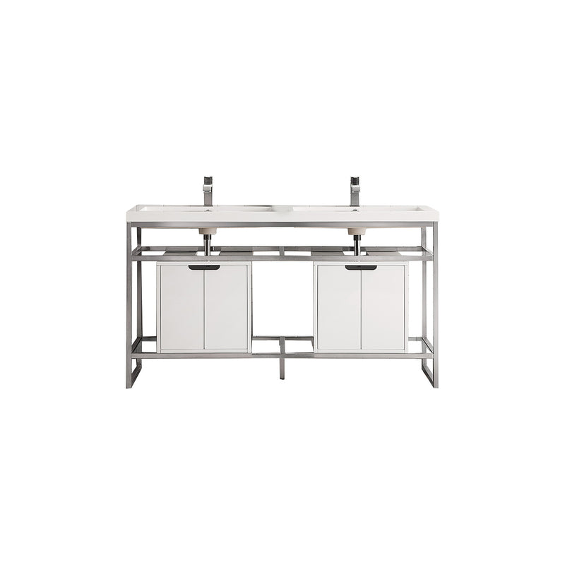 James Martin Boston 63" Stainless Steel Sink Console Double Basins Brushed Nickel with Glossy White Storage Cabinet White Glossy Composite Countertop C105V63BNKSCGWWG