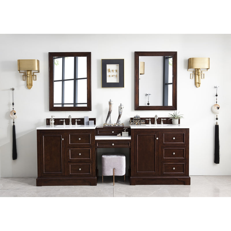 James Martin De Soto 94" Double Vanity Set Burnished Mahogany with Makeup Table 3 cm Classic White Quartz Top 825-V94-BNM-DU-CLW