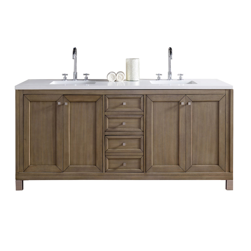 James Martin Chicago 72" Double Vanity Whitewashed Walnut with 3 cm Classic White Quartz Top 305-V72-WWW-3CLW