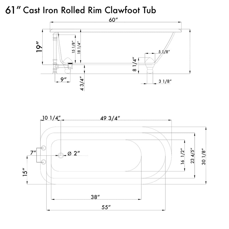Cambridge Plumbing Cast Iron Rolled Rim Clawfoot Tub 61" x 30" 7" Deck Mount Faucet Drill