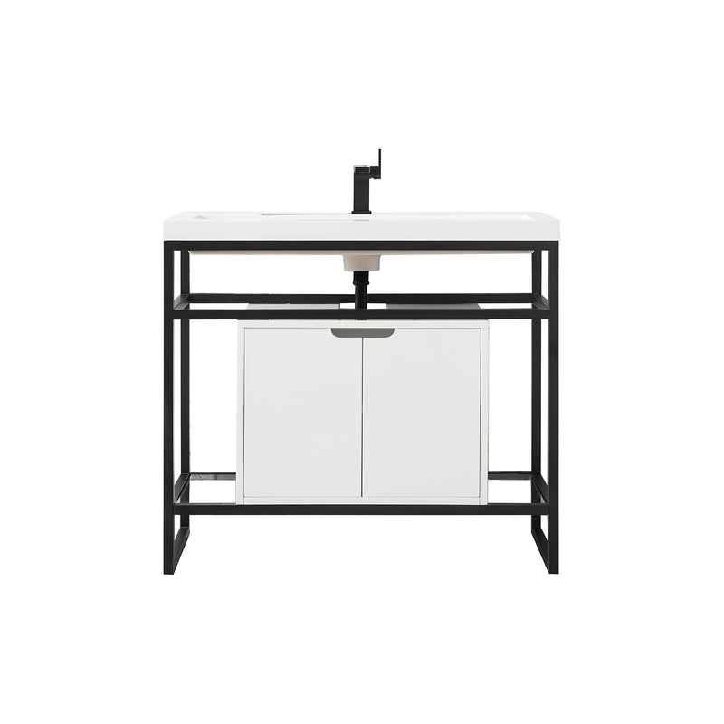James Martin Boston 39.5" Stainless Steel Sink Console Matte Black with Glossy White Storage Cabinet White Glossy Composite Countertop C105V39.5MBKSCGWWG
