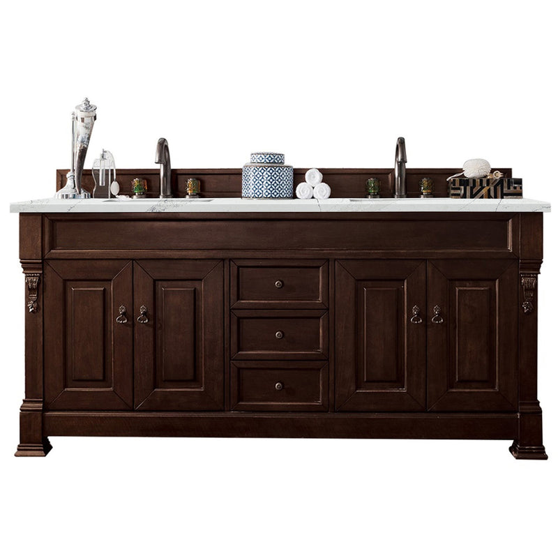 James Martin Brookfield 72" Burnished Mahogany Double Vanity with 3 cm Ethereal Noctis Quartz Top 147-114-5761-3ENC