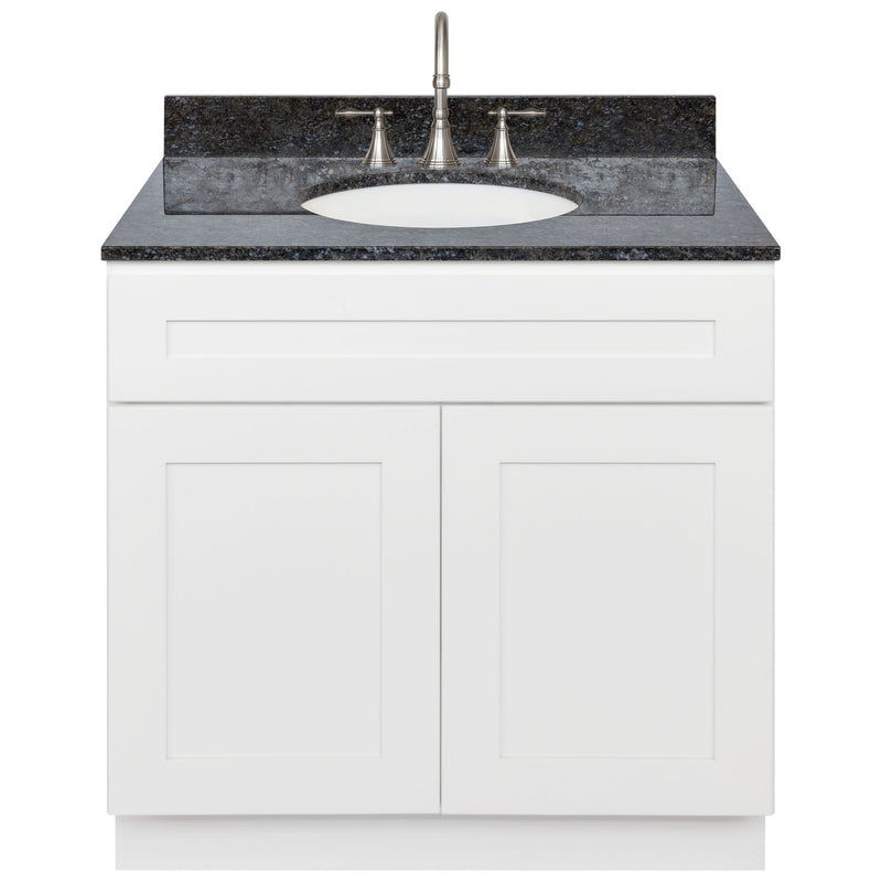 White Bathroom Vanity 36", Blue Butterfly Granite Top, Faucet LB7B BB378-36AW-7B