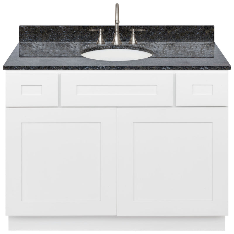 White Bathroom Vanity 42", Blue Butterfly Granite Top, Faucet LB7B BB438-42AW-7B