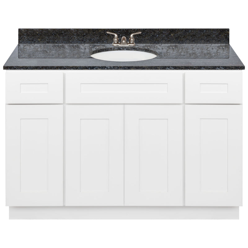 White Bathroom Vanity 48", Blue Butterfly Granite Top, Faucet LB3B BB494-48AW-3B