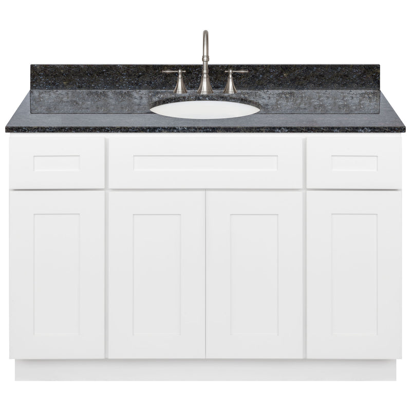 White Bathroom Vanity 48", Blue Butterfly Granite Top, Faucet LB7B BB498-48AW-7B