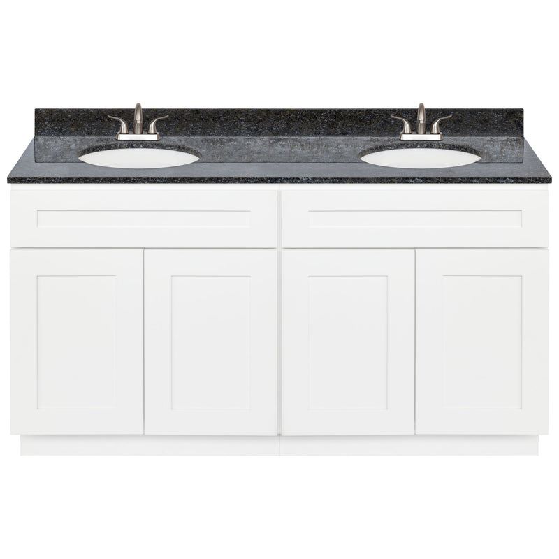 White Double Bathroom Vanity 60", Blue Butterfly Granite Top, Faucet LB5B BB614-60AW-5B