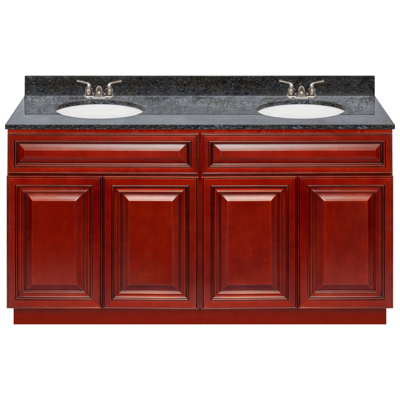 Cherry Double Bathroom Vanity 60", Blue Butterfly Granite Top, Faucet LB3B BB614-60CH-3B