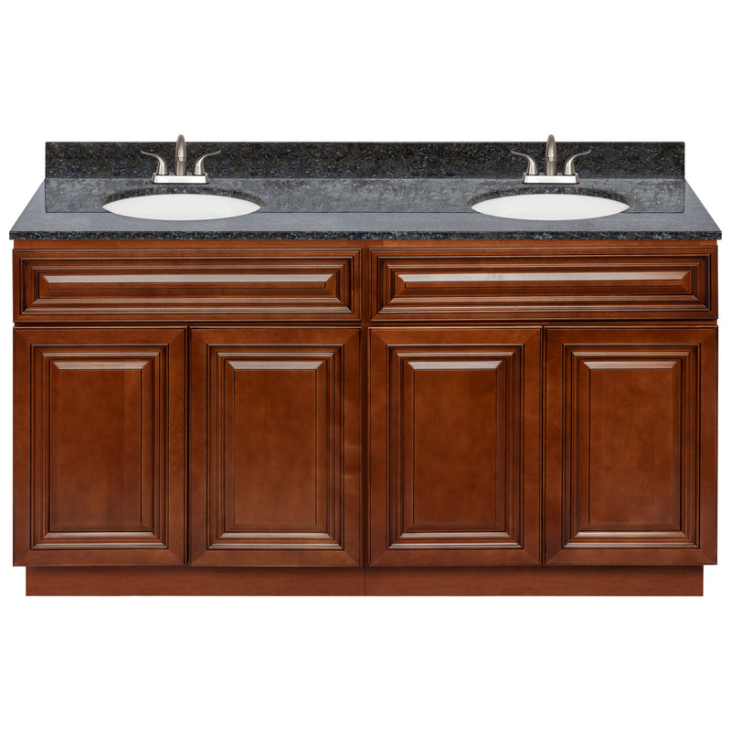 Brown Double Bathroom Vanity 60", Blue Butterfly Granite Top, Faucet LB5B BB614-60GN-5B