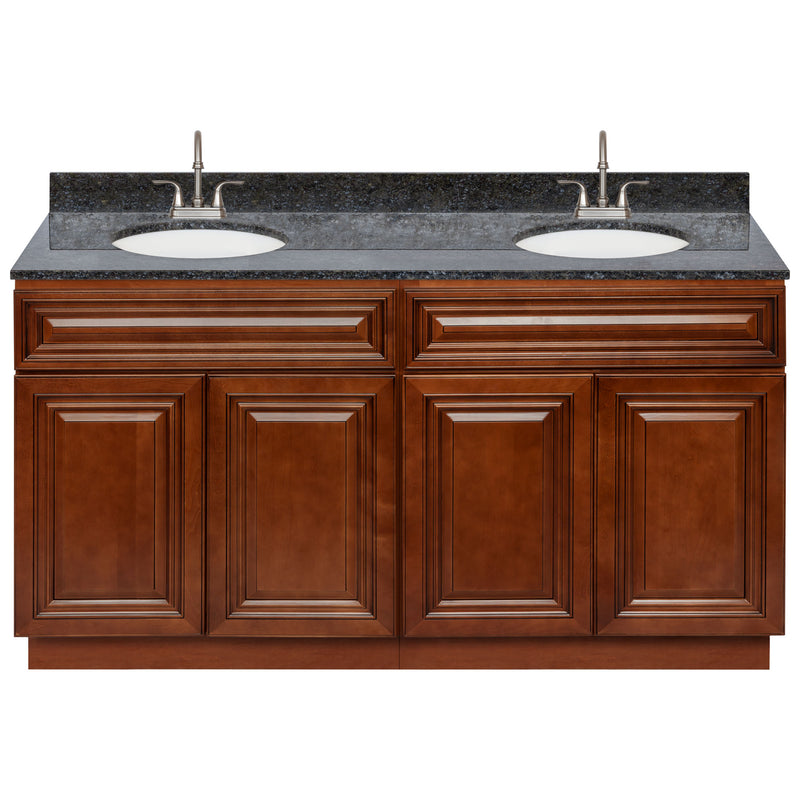 Brown Double Bathroom Vanity 60", Blue Butterfly Granite Top, Faucet LB6B BB614-60GN-6B