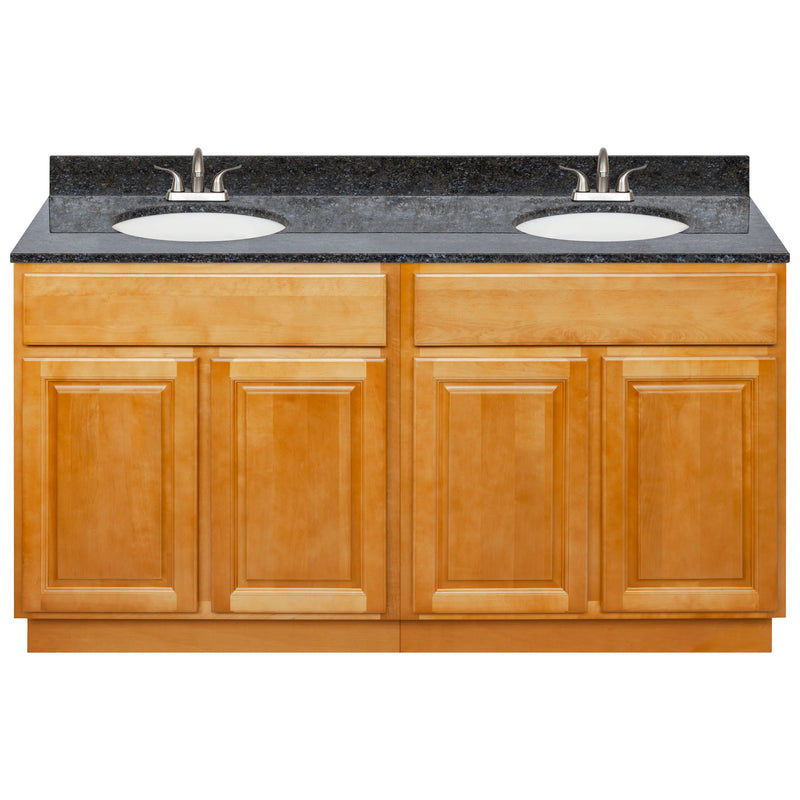 Brown Double Bathroom Vanity 60", Blue Butterfly Granite Top, Faucet LB5B BB614-60RC-5B