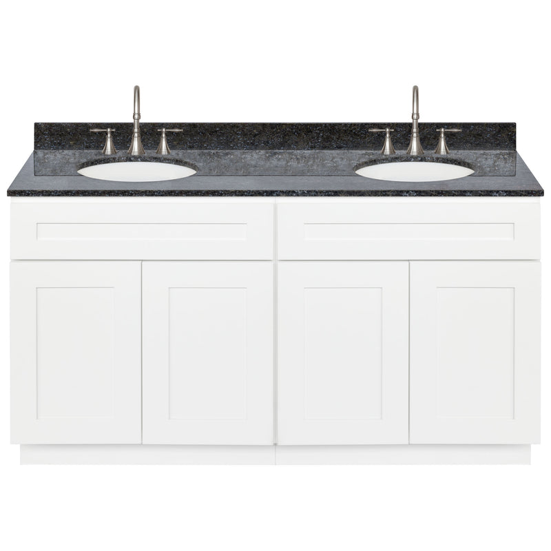 White Double Bathroom Vanity 60", Blue Butterfly Granite Top, Faucet LB7B BB618-60AW-7B