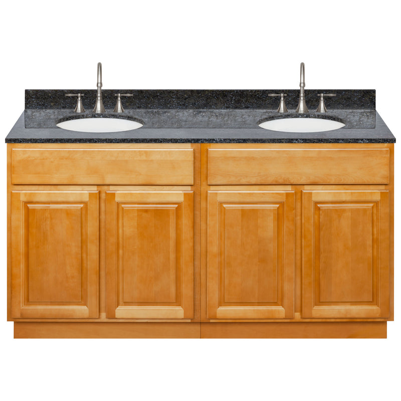 Brown Double Bathroom Vanity 60", Blue Butterfly Granite Top, Faucet LB7B BB618-60RC-7B