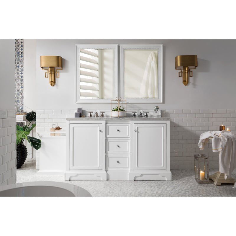 James Martin De Soto 60" Double Vanity Bright White with 3 cm Carrara Marble Top 825-V60D-BW-3CAR