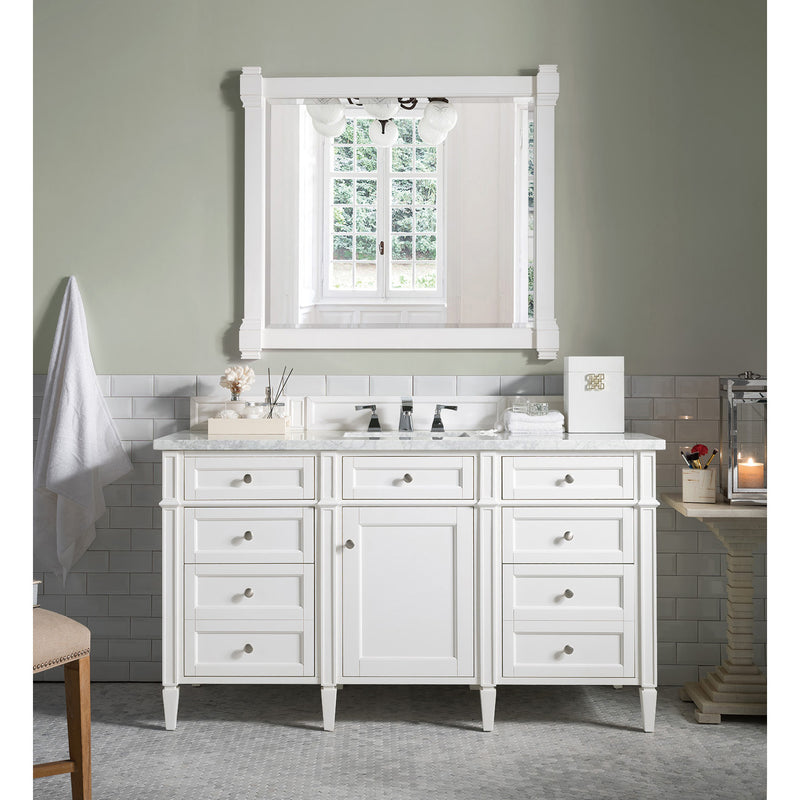 James Martin Brittany 60" Bright White Single Vanity with 3 cm Carrara Marble Top 650-V60S-BW-3CAR