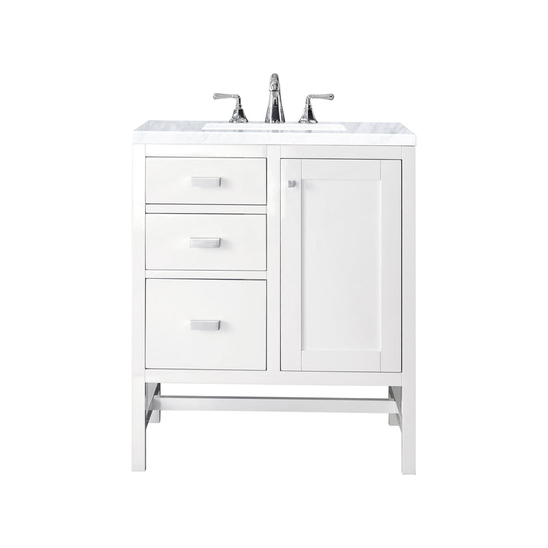 James Martin Addison 30" Single Vanity Cabinet Glossy White with 3 cm Carrara White Top E444-V30-GW-3CAR