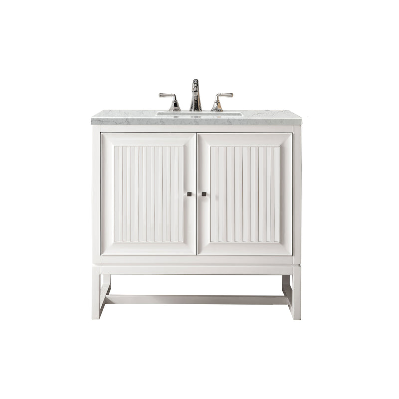 James Martin Athens 36" Single Vanity Cabinet Glossy White with 3 cm Eternal Jasmine Pearl Quartz Top E645-V36-GW-3EJP